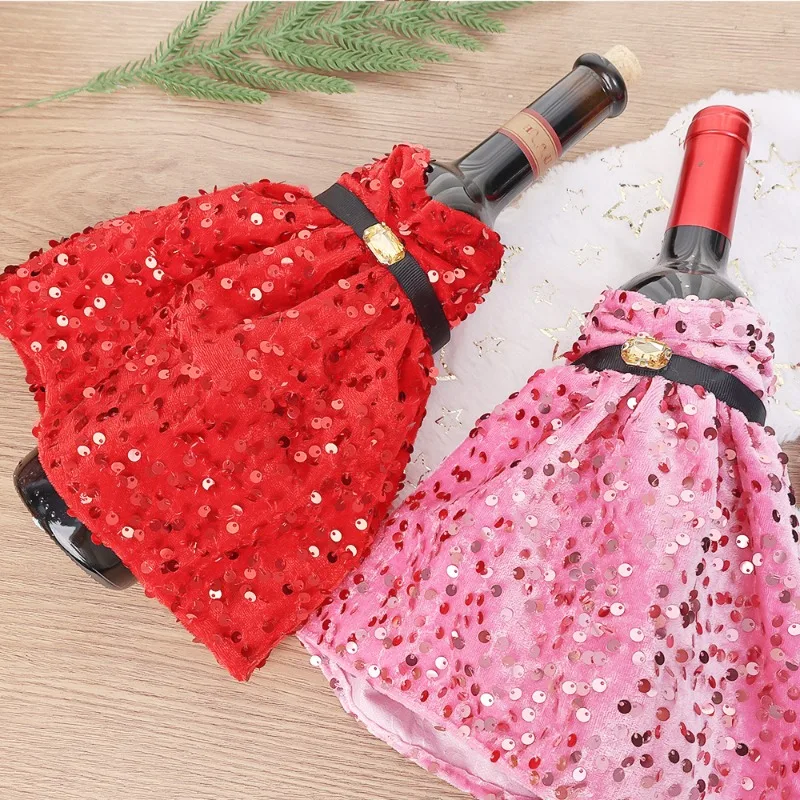 Christmas Wine Bottle Cover Dress Glittering Sequins Wine Bottle Cover Dinner Table Bottle Bag New Year Party Gift Home Decor