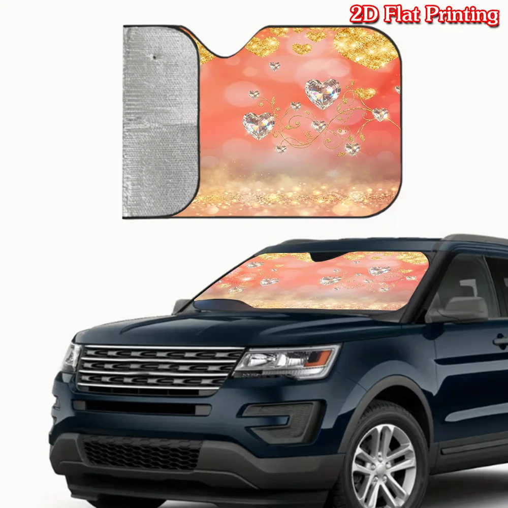 1pc,2D Flat Printing, Simple Golden Hearts And Diamonds Practical And Aesthetically Pleasing Car Windshield Sun Visor, Easy To I