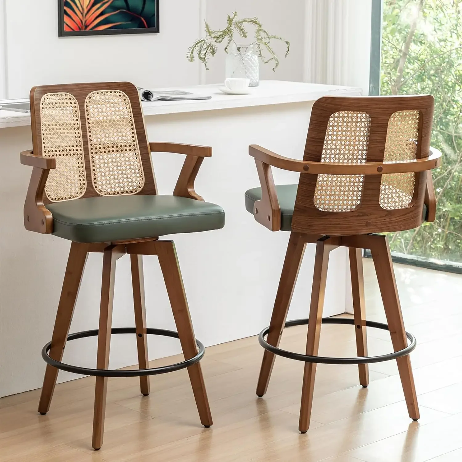 Set of 2 Bar Stools - 27 inch Swivel Rattan bar stools with Cane Back, Curved Arms,Adjustable Bamboo Legs,Walnut Green