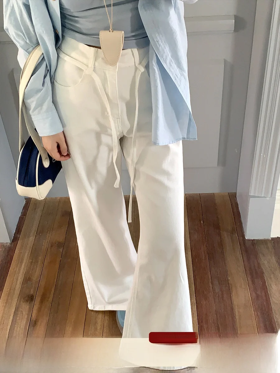 

Расклешенные джинсы с высокой талией, женские дизайнерские джинсы с веревкой на талии, повседневные джинсы весна-лето, однотонные джинсы свободного покроя