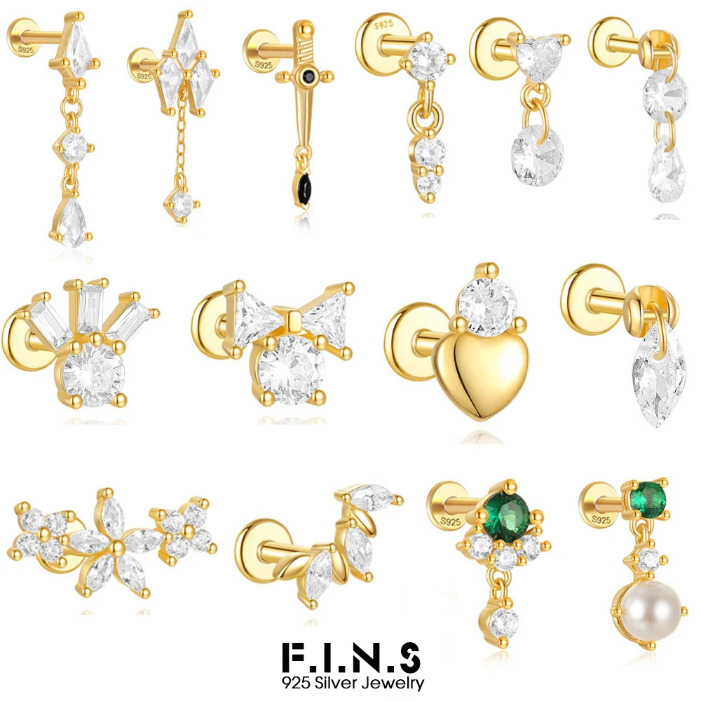 F.I.N.S 1PC New 925 Sterling Silver Love Heart Flower Piercing Spiral Ear Bone Nail Catilage Stackable Ear Studs Earrings Jewels