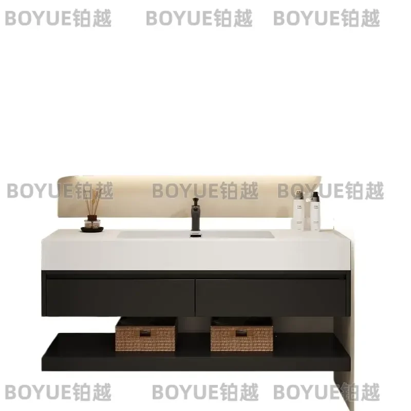 Modern Double Bathroom Vanity with Sintered Stone Top Seamless Ceramic Basin Wall Mounted Toilet Washstand Smart Storage