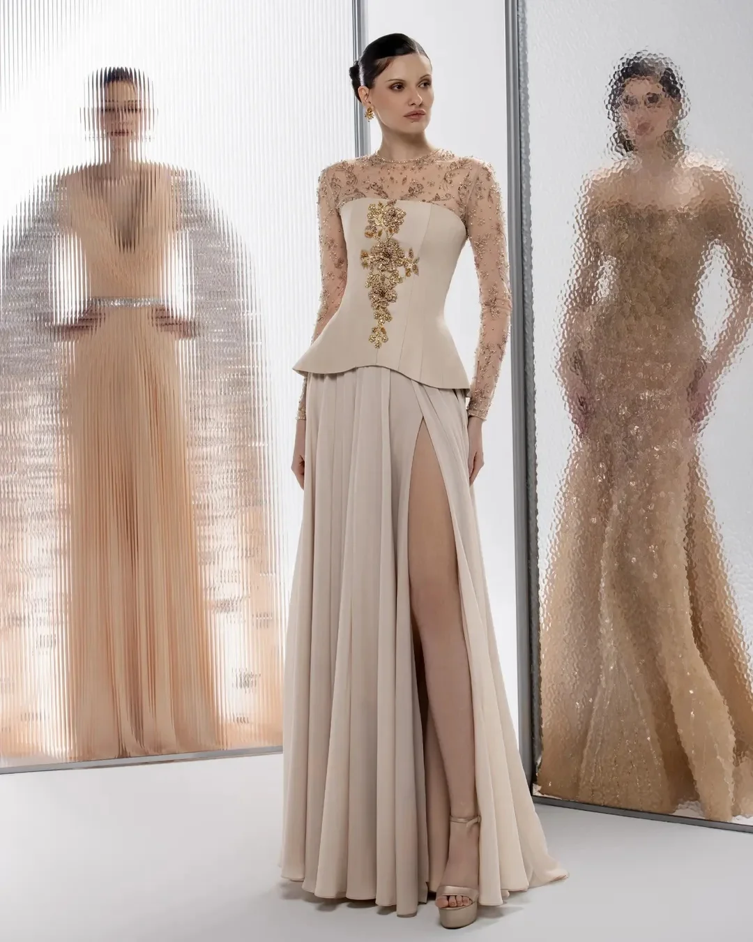 Design Sexy Luxury Beading Flowers Crystal Illusion Full Sleeves Evening Dress Side Slit Draped A Line Prom Formal Party Dress