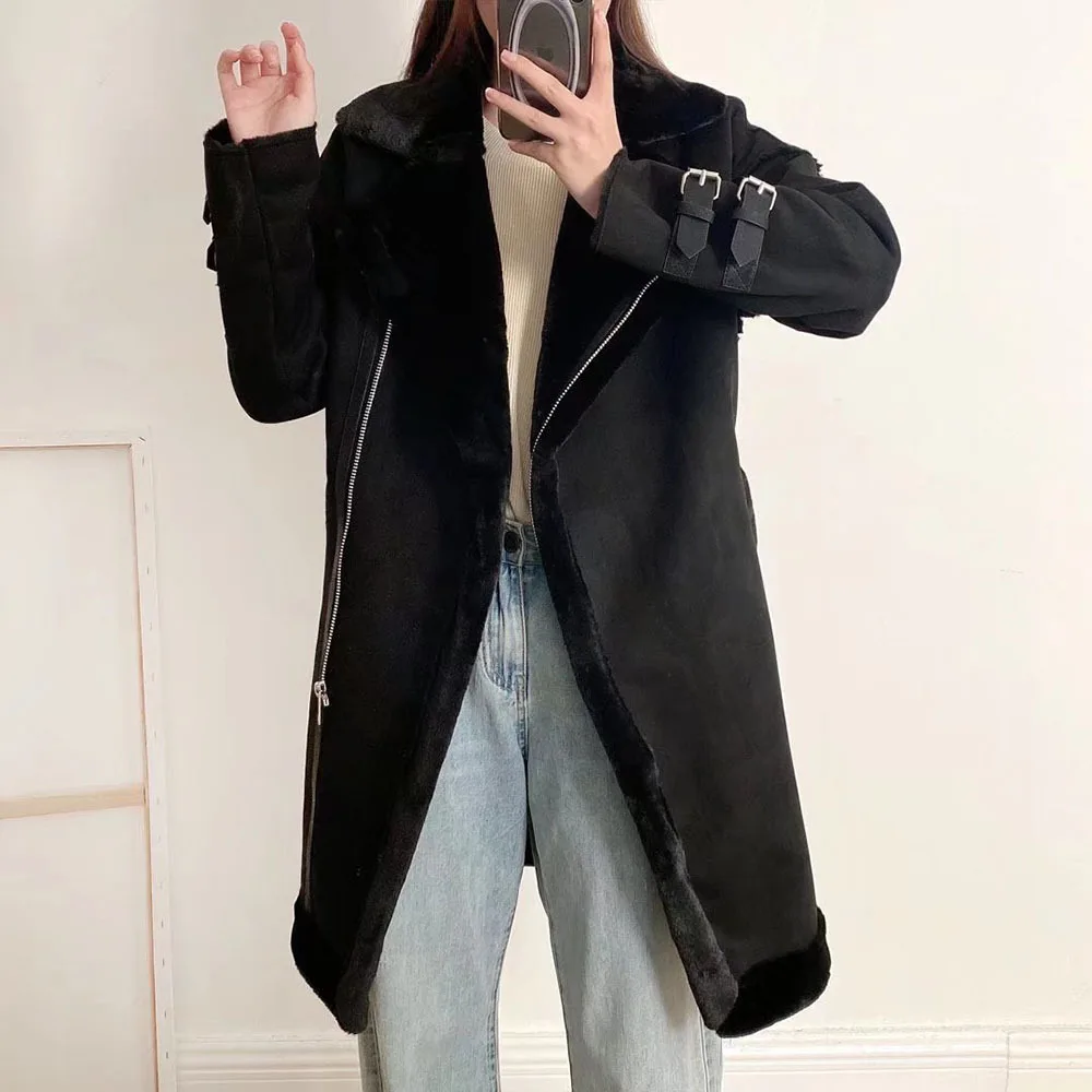 2023 Winter Women Fake Lambswool Long Coat Elegant Warm Long Suede Jacket Women Casual Brown Coats Femme Overcoat Streetwear