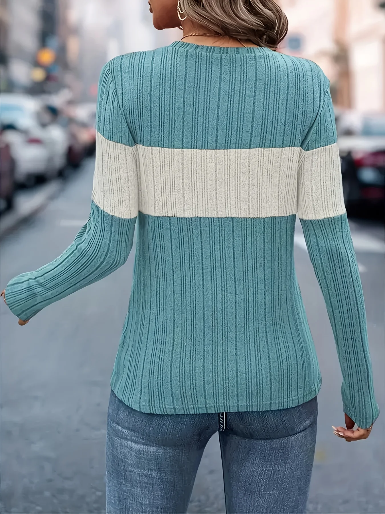 Casual Fitted Three-Tone Rib-Knit Sweater Top S485040b3fd254741ab83cbefc6fed68dP