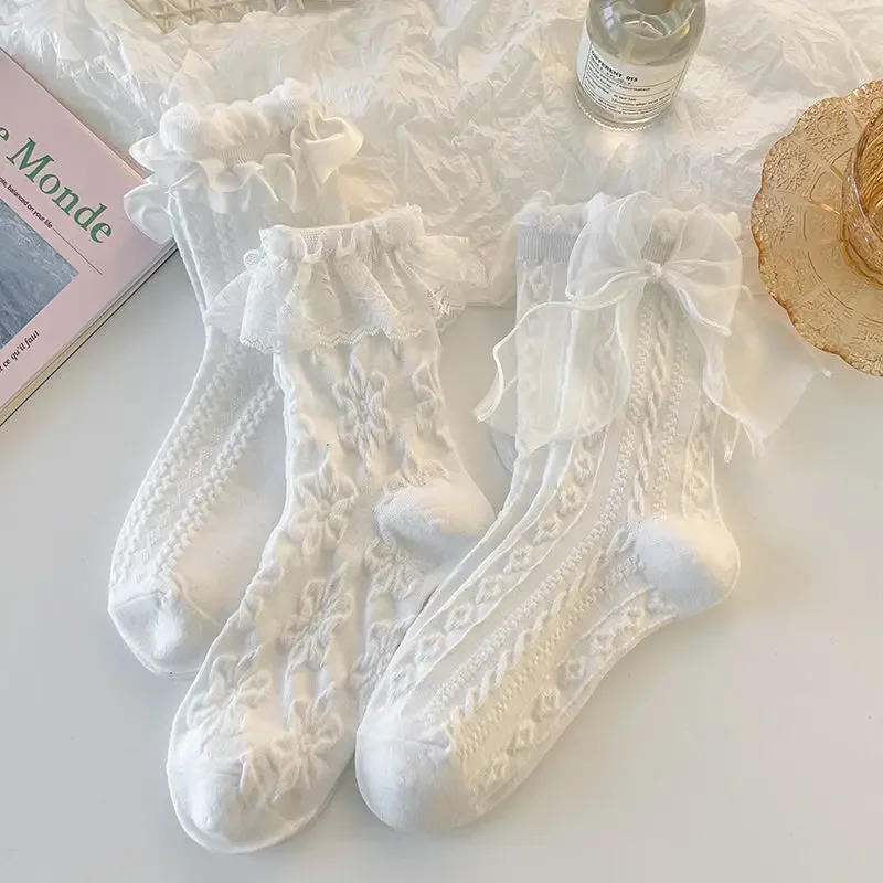 Lace Bow Kids Princess Socks Black White Lolita Girl Cotton Breathable Middle Tube Socks Korean Ruffle Sweet Kids Socks