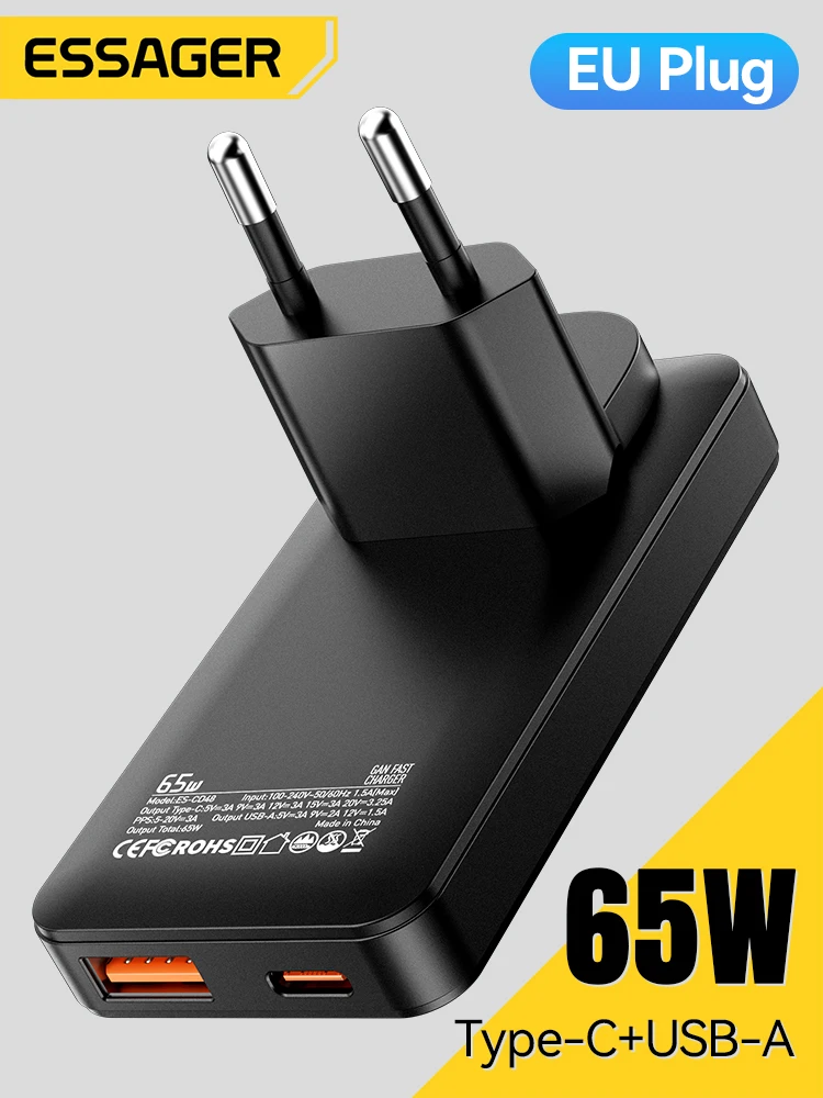 Essager Slim 65W GaN Ładowarka Podróżna USB A Typ C Przenośna Ładowarka Składana Szybka Ładowarka do iPhone 17 16 Samsung Macbook Laptop — zdjęcie produktu 7