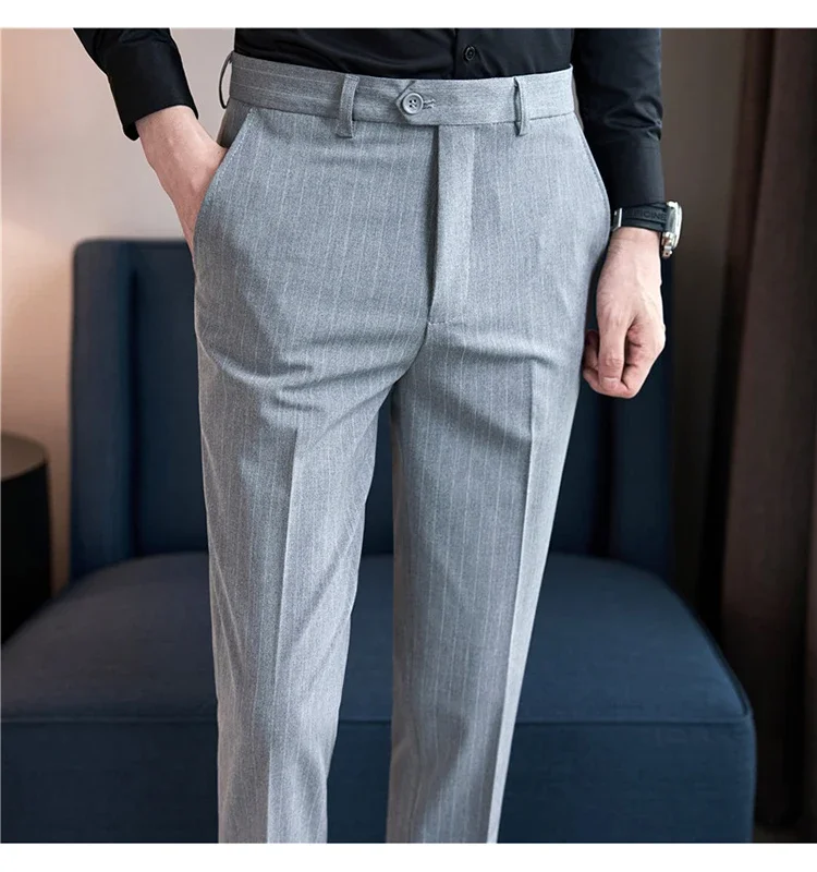 Men Boutique Black Striped Suits Pants Male Formal Wear Wedding Dress Trousers Quality British Style Business Casual Suit Pants