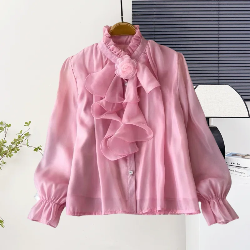 

Black,New,Korean,Style,Blouse,Fashion,Sexy,Stand,Patchwork,Ruffles,Flower,Women,Single-breasted,Flare Sleeve,Shirt,Tops,571002