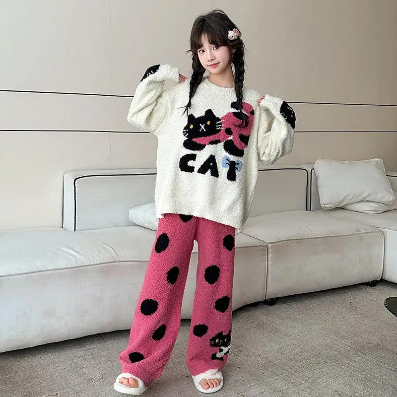 

Kawaii пижамный комплект для девочек, модный студенческий осенне-зимний фланелевой повседневный топ с героями мультфильмов, длинные штаны, комплект из 2 предметов, детская одежда