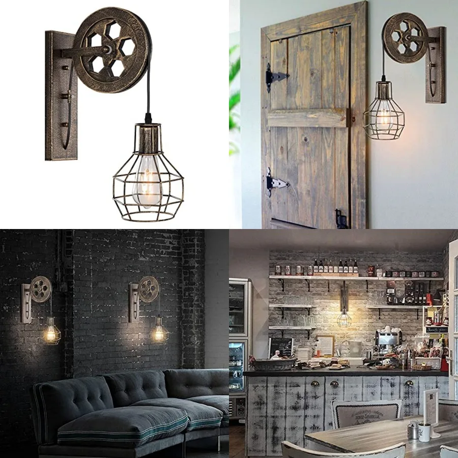 1 Light Fixture Industrial Mid Century Retro Iron Wall Lights Lift Pulley Wall Lamp Features The Matte Iron Cage Lamp Shade for