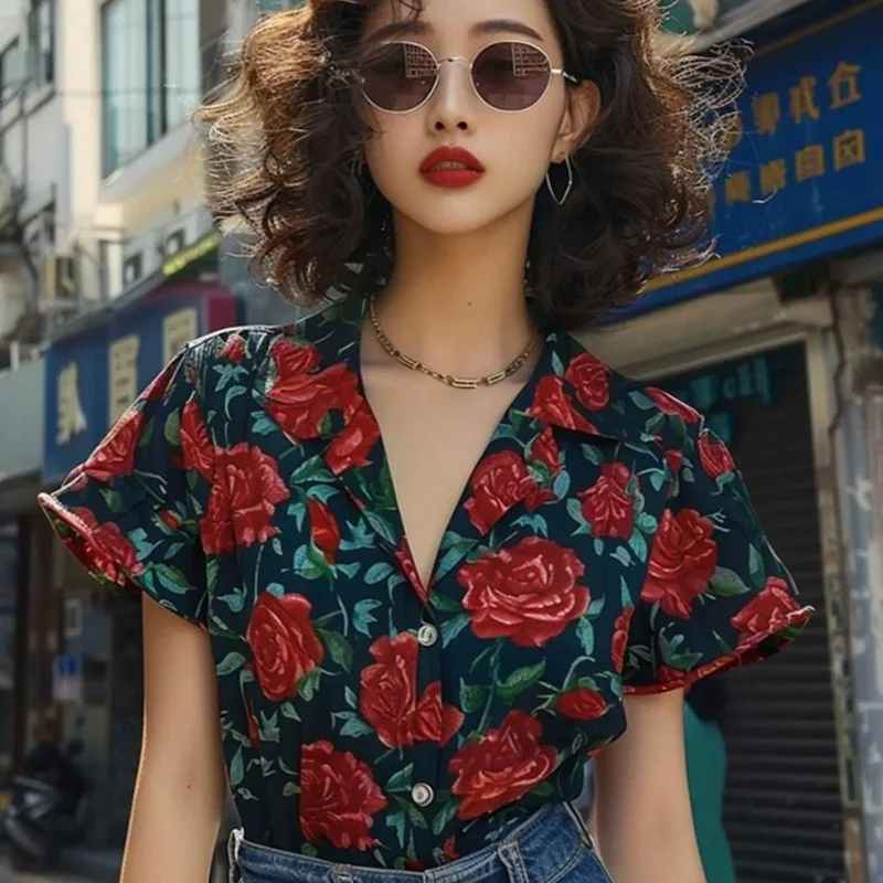 Sommer koreanische Mode Druck mehrfarbigen Turn-Down-Kragen Kurzarm Bluse Sommer Trend Vintage Blumen V-Ausschnitt Hemden neu