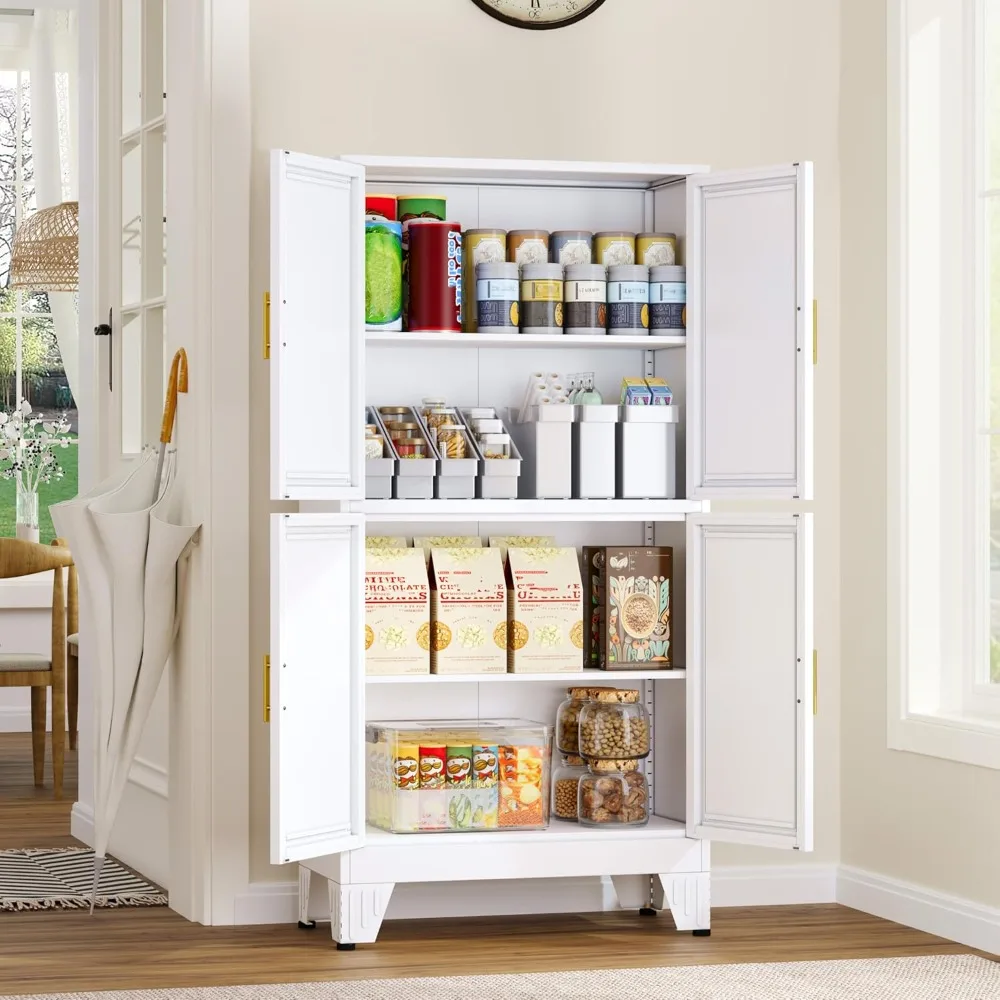 

47.25" Metal Pantry Cabinet, Storage Cabinets with 4 Door and 2 Adjustable Shelves, White Bathroom Cabinet, Freestanding