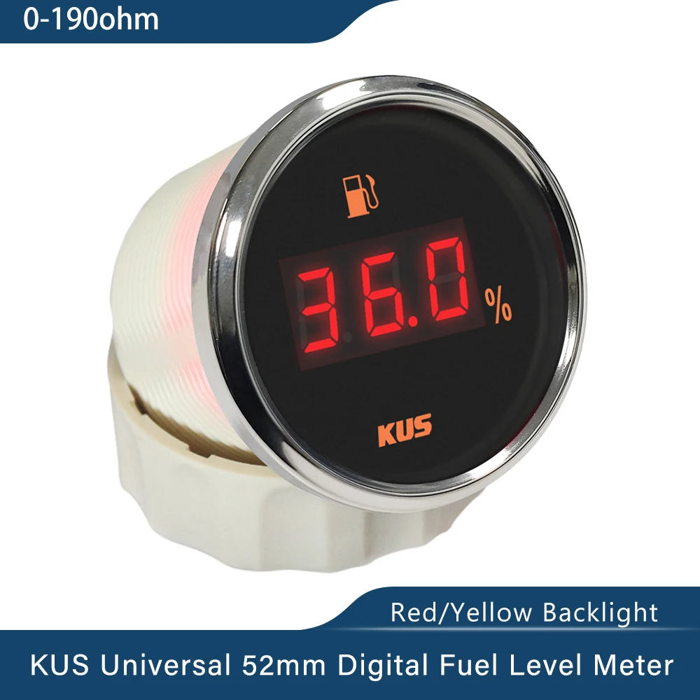 KUS New 52mm Auto Marine Fuel Oil Level Gauge Meter 0-190 ohm 240-33ohm with Red  Yellow Backlight 12V/24V for Car Boat