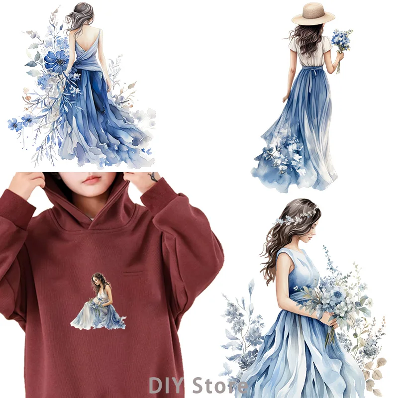 blue wild flower girl dtf Heat Transfer iron on transfer for clothing Iron On Patches  Iron On Patches For Clothing.