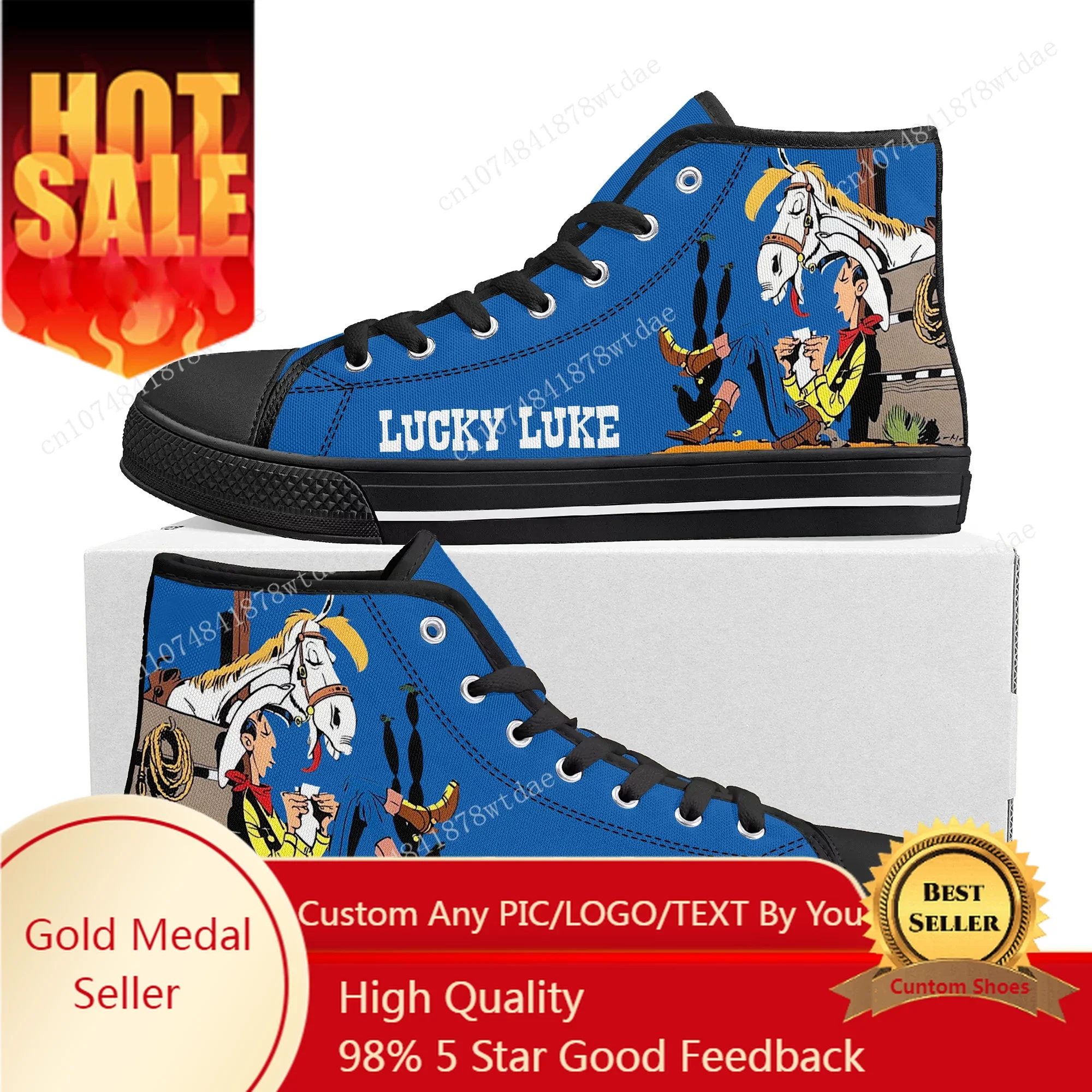 Lucky Luke High Top Sneakers Mens Womens Teenager Cowboy High Quality Canvas Sneaker Anime Cartoon Casual Custom Made Shoes