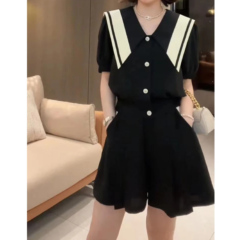 Summer Outfits for Women 2023 Preppy Style Contrast Color Kawaii Sweet Chic Short Sleeve Tops Y2K Pleated Wide Leg Shorts Sets