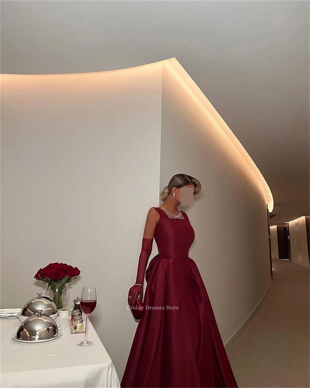 Vestidos de Noche de satén con cuello cuadrado, corte en A, con lazo, tirantes finos color Burdeos, sin mangas, volantes, vestido Formal de fiesta, Arabia Saudita