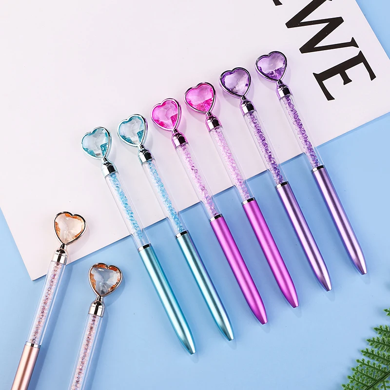 Stylo à bille mignon en forme de cœur et de diamant, coloré, cristal, gemme rotative, gel, fournitures scolaires et de bureau