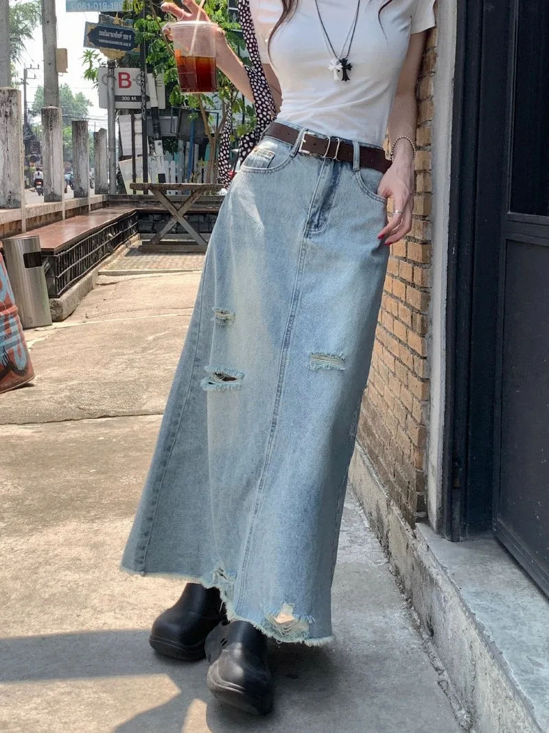 ZHISILAO Irregular Long Denim Skirt Women Vintage A-line Jeans Skirt Summer 2024 Hole Ripped Skirt