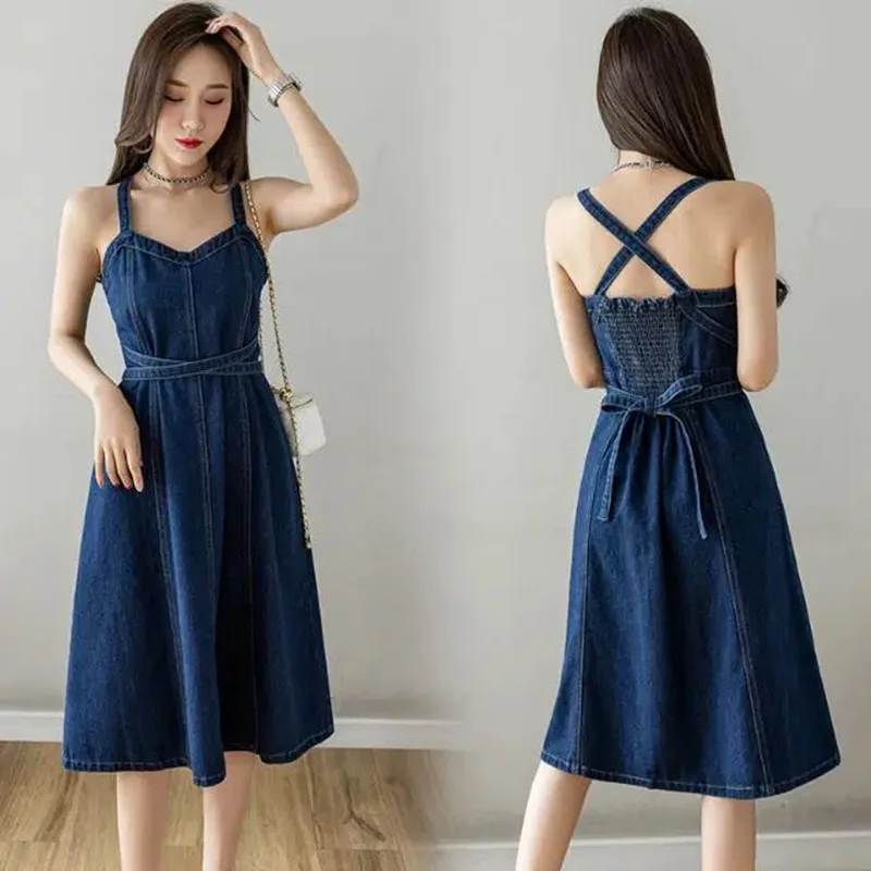 

High grade large denim vest Slip dress women's fat mm belly covering thin dress dress with westernized suspender skirt