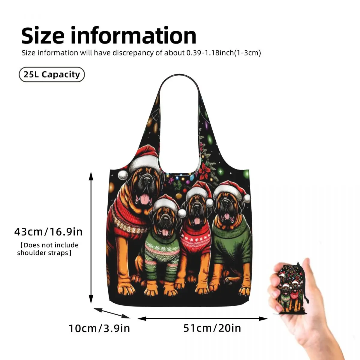 Mastiff Dog Family Light Christmas Tree Shopping Tote Bag Canvas Large Capacity Shoulder Bags Shopper Grocery Handbag for Women