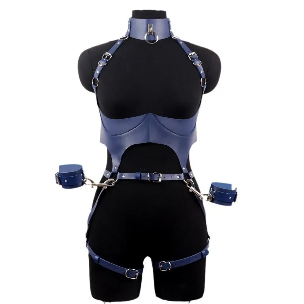 Women Leather Harness Sets Sexy Lingerie Body Bondage Straps Chest Harness Garter Belts Full Body Blue Gothic Suspenders view 6