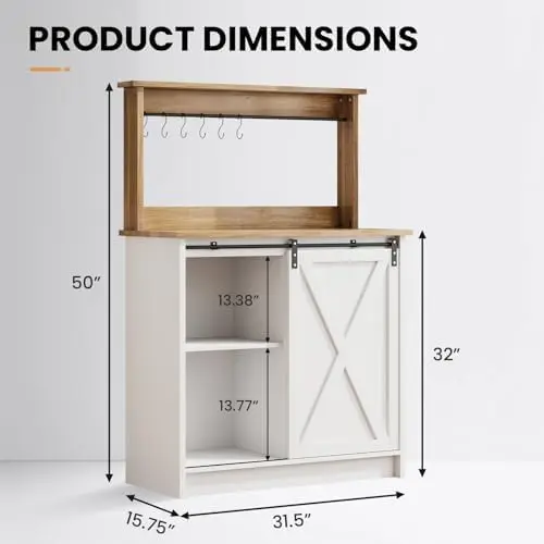 Farmhouse Coffee Bar with Hutch, White Coffee Bar Cabinet with Storage Sliding Barn Door, 31 Inch Buffet Cabinet with 6