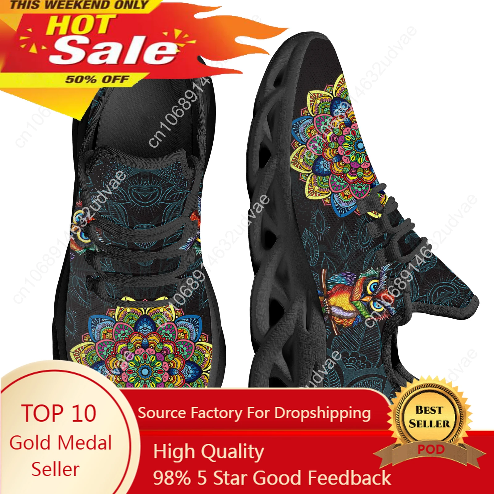 

2023 Trendy Mesh Sneakers Vintage Mandala Owl Design Women's Platform Shoes Height Increaing Platform Footwear Gifts