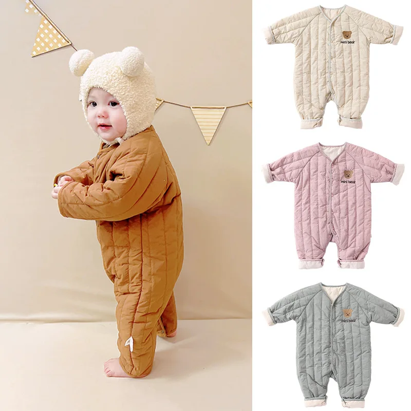 2026 Winter Baby Quilted Jumpsuit Embroidered Thermal Romper Newborn Thick Outfit Infant Warm Clothes For Daily Outdoor Wear