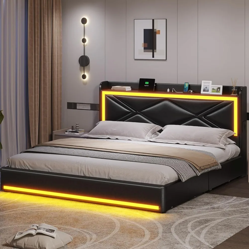 Estrutura de cama king size com gavetas de armazenamento e cabeceira com luzes LED, cama de plataforma de couro sintético com estação de carregamento USB-C