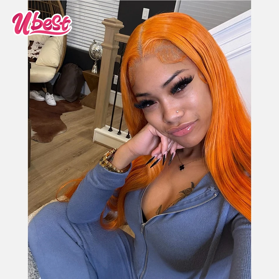

Ubest 13X6 Transparent Lace Front Wigs straight 100％ Human Hair Ginger Orange Colored 5X5 Closure Wig Remy Pre Plucked For Women