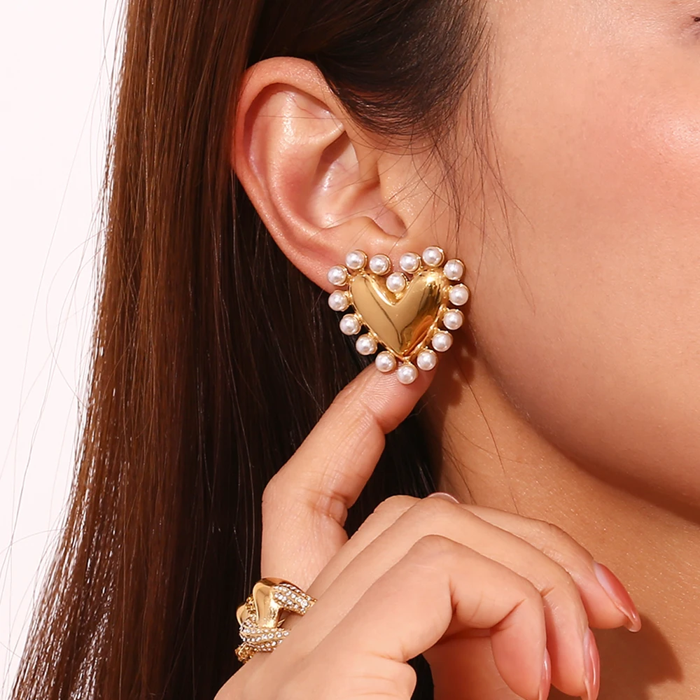 E.B.belle Outer Hoop Pearl Smooth Heart Earrings 18K Gold Plated Jewelry 316L Stainless Steel Earrings for Women