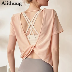Aiithuug Sexy Twisted Back Yoga Top Women's Crew Neck Breathable Mesh Loose Crop Top Short Sleeve Fitness Pilates Gym Sportswear