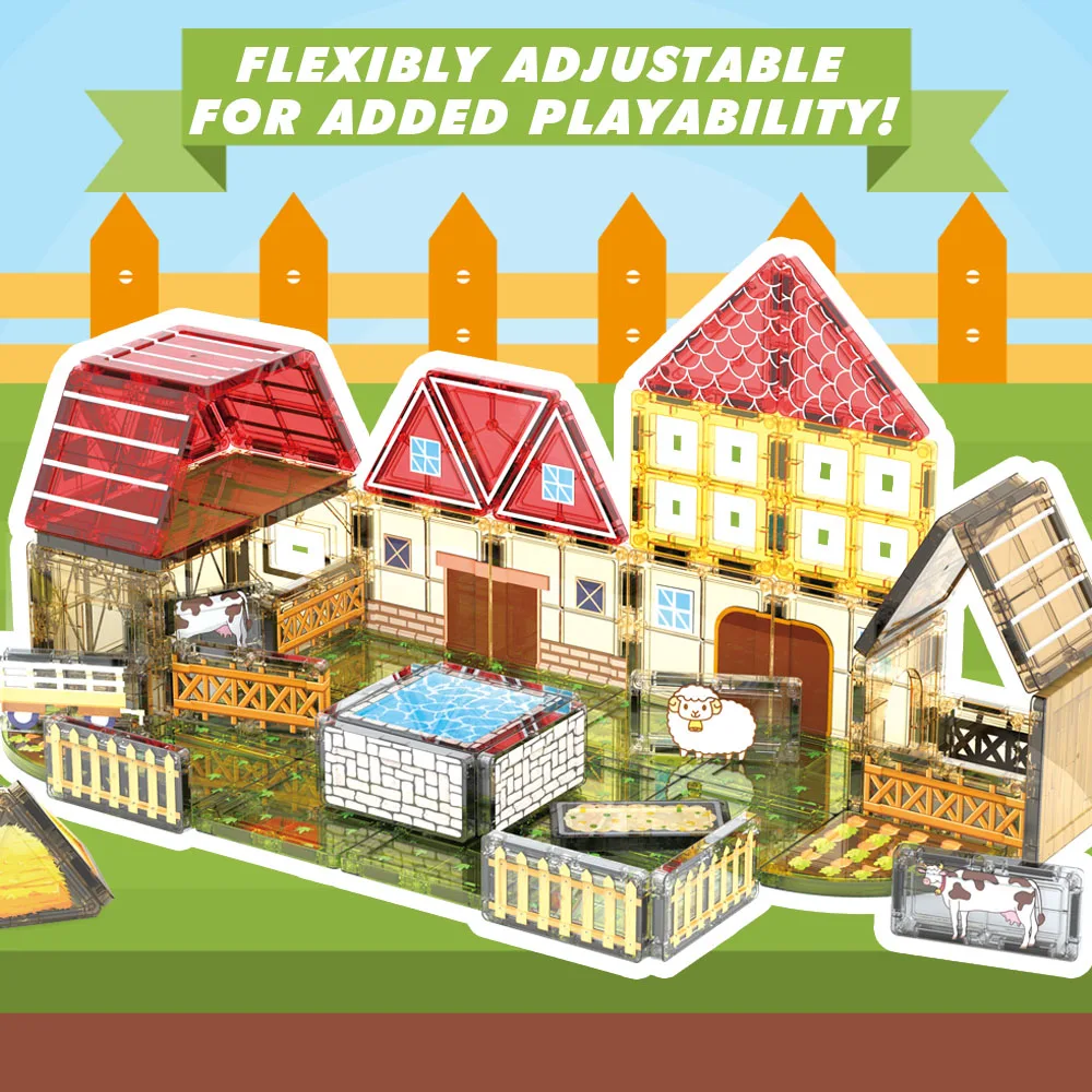 Conjunto de brinquedos de construção de jardim de animais de fazenda de azulejos magnéticos, brinquedo STEM, educação sensorial Montessori, feriado infantil e presente de aniversário.
