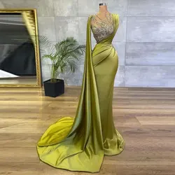 Custom Made Luxury Satin Evening Dresses African Women One Cape Shoulder Shawl With Train Prom Gowns Crystal Beaded Mermaid Robe