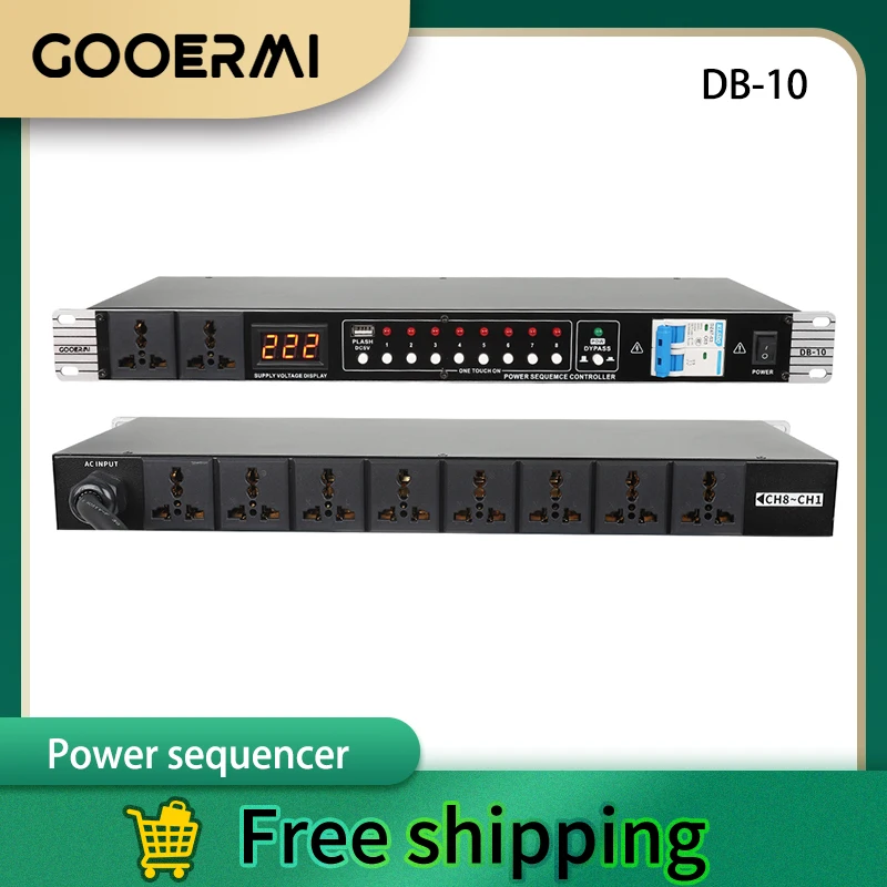 GOOERMI DB-10 جديد 10 منفذ وحدة تحكم تسلسل الطاقة مع مرشح 0.8 بوصة LED عرض وحدة تحكم عامل الطاقة التلقائي