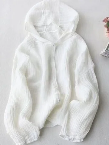 Dames mince lin à capuche Jaet coupe ample confortable chapeau irt femmes vêtements d'extérieur d'été longue Sve couleur Pure coréen Sle