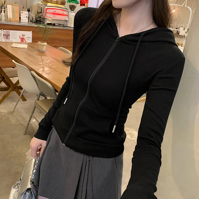 Hooded Zipper Long Sleeved Jacket For Women, 2024 Autumn And Winter New Slim Fit Cardigan Top