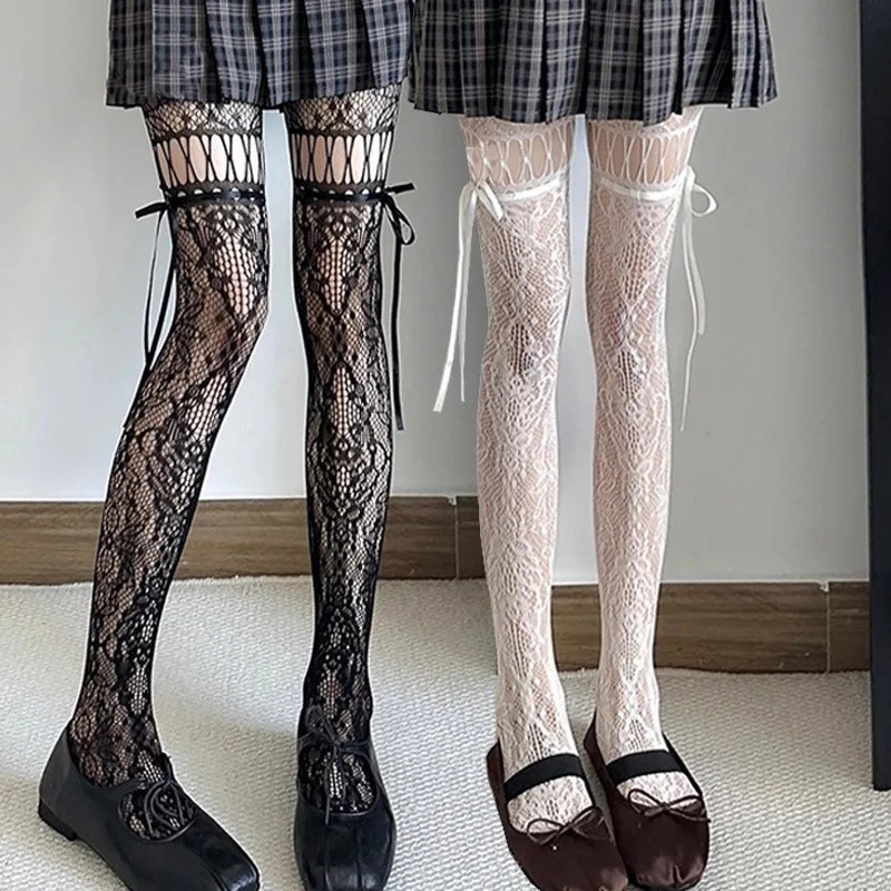 

Сексуальные кружевные колготки для рыболовной сети для женщин, прозрачные сетчатые прозрачные ажурные чулки JK, униформа, колготки с галстуком-бабочкой и ремешком
