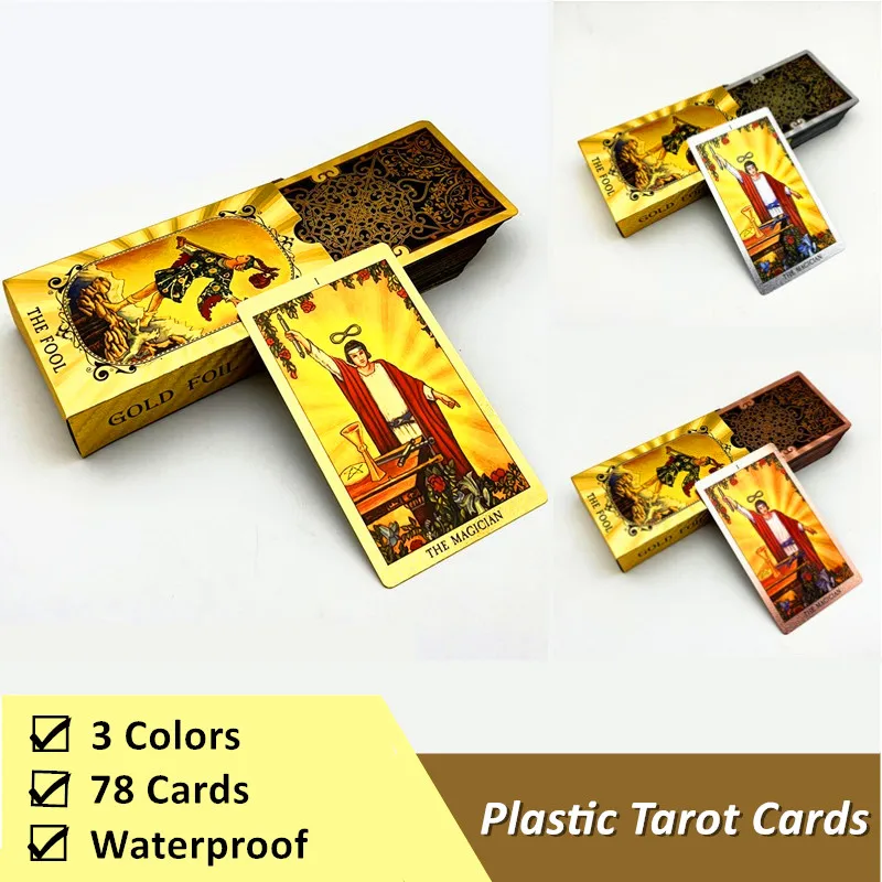 1 Deck Gold Tarot Cards Plastic Sliver With Guide Book Waterproof Board Game Divination Astrology 78 Oracle Cards