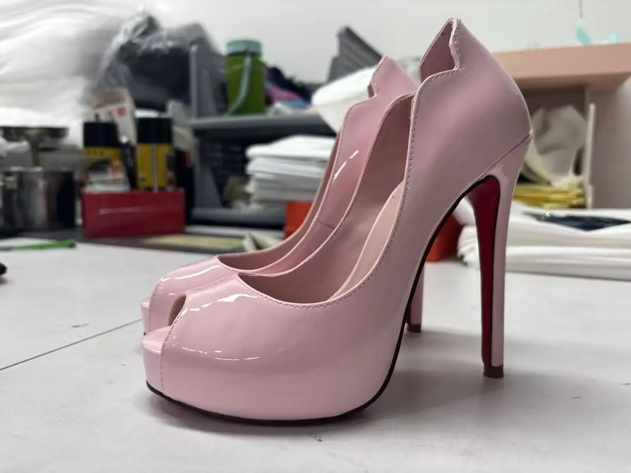 

Patent Leather Peep Toe Women's Sandals Thin High Heels Solid Pumps Sexy Shallow Spring Summer Party Wedding Shoes Large Size