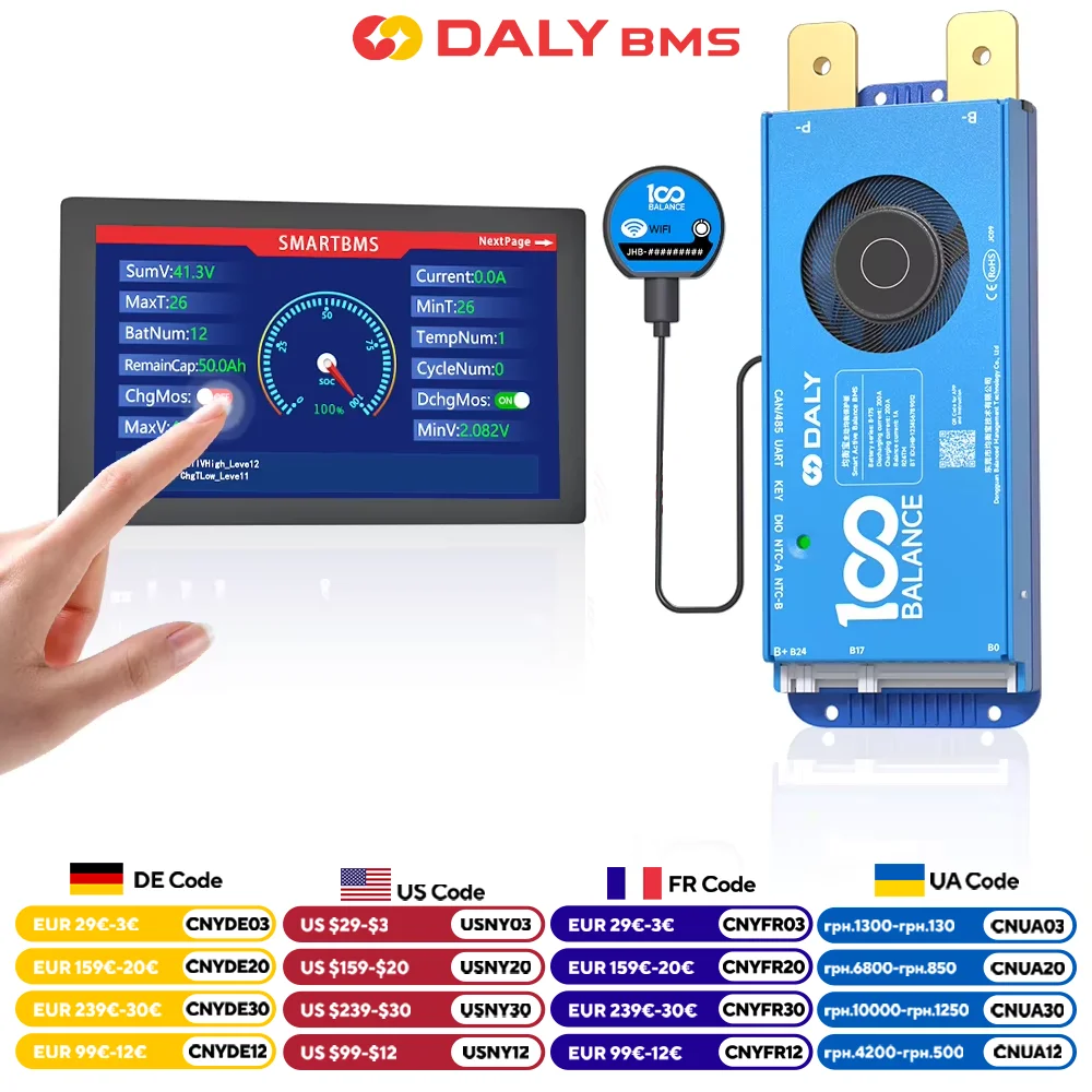 Smart Bms mit Active Balance Wifi Bluetooth LCD Display 4S 8S 16S 24S 100A 150A für Li-Ion Lifepo4 LTO RS485 CANBUS Wechselrichter