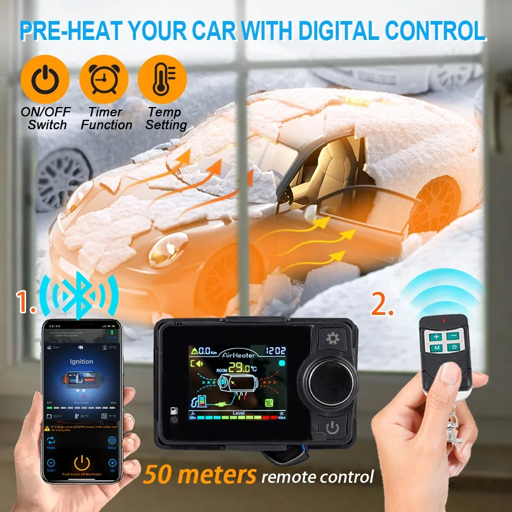 2/8KW New Diesel Air Heater White vertical 12V/24V/220V Bluetooth Car Heater with Silencer Remote Control for Car Truck Boat RV