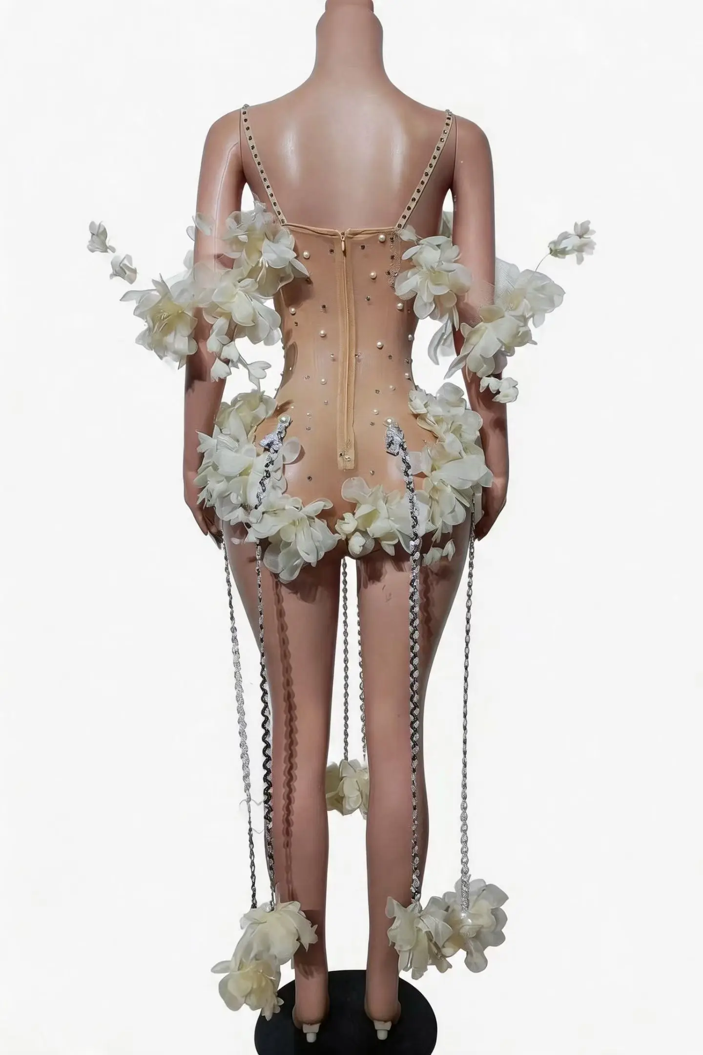 Huayan Women White 3D Floral Rhinestone Pearl Mesh Bodysuit Spaghetti Strap Chain Tassel Stage Performance Costume
