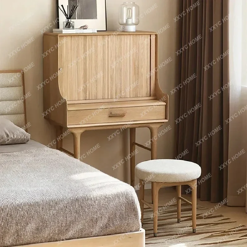 TTTTNordic Dresser Bedroom Small Makeup Table Solid Wood Furniture Rolling Shutter Door Black Oak Storage Piano53