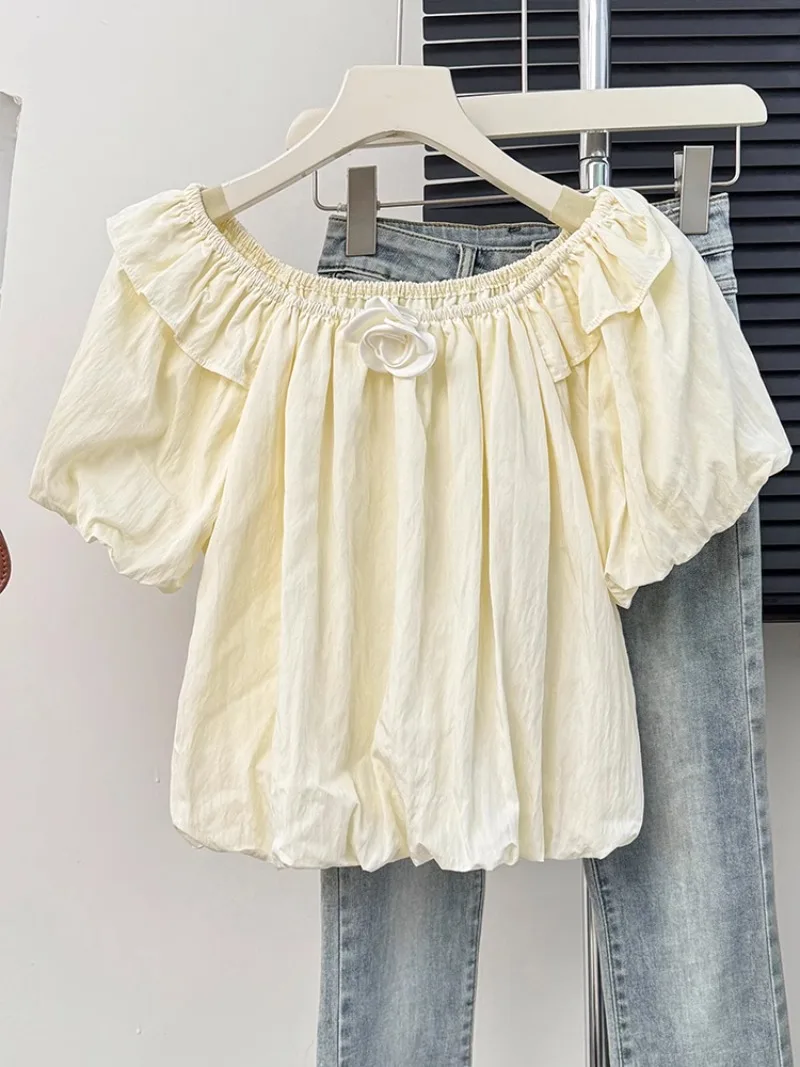 French Style Sweet Three-dimensional Flower Bubble Sleeve Short Shirt Summer Folds Loose Blouse Women 2024 Summer Chic Top