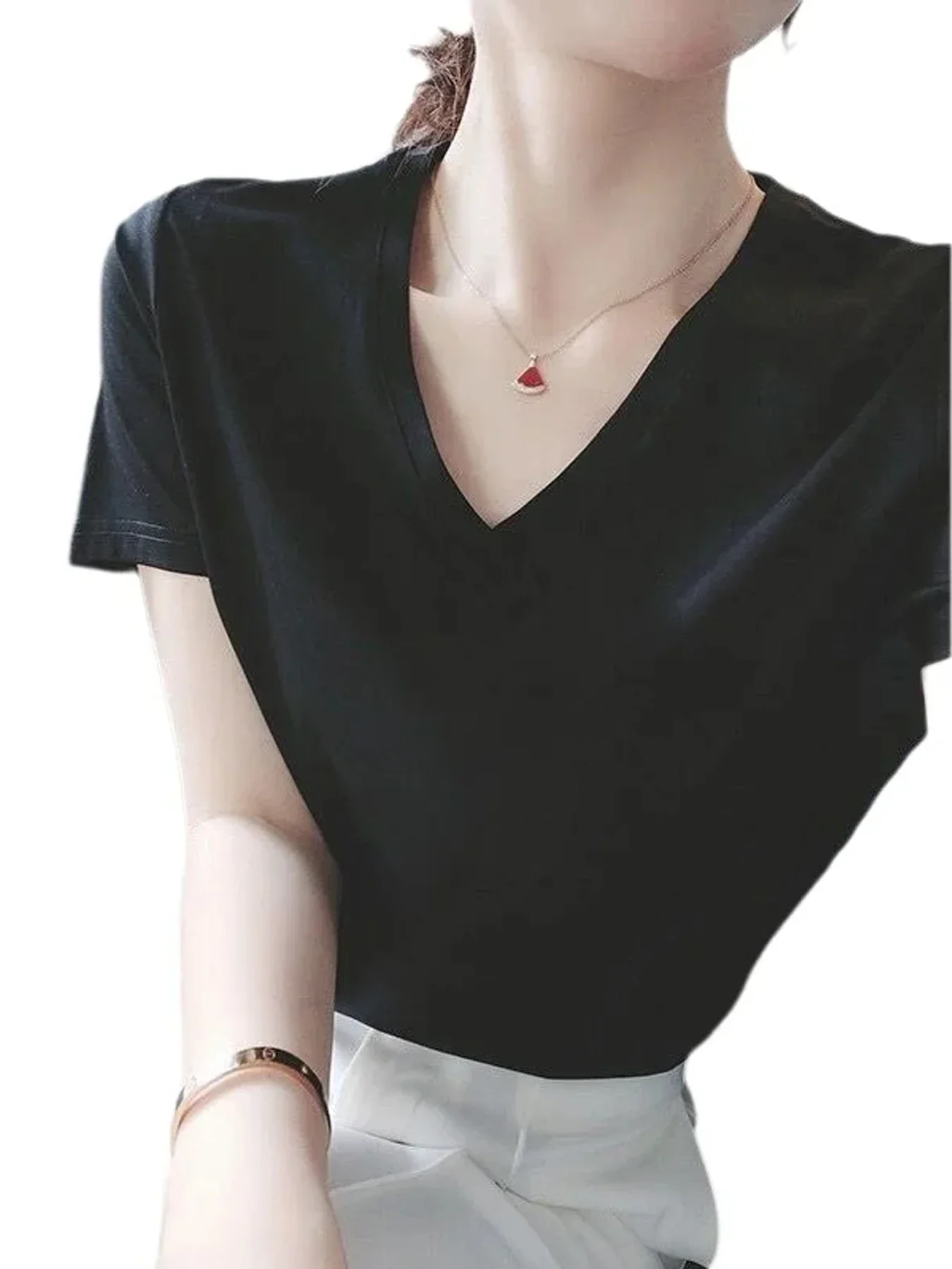 Pop Women's Cool-feeling V-neck Pure Cotton Short-sleeved Top With Regular Shoulders For Summer