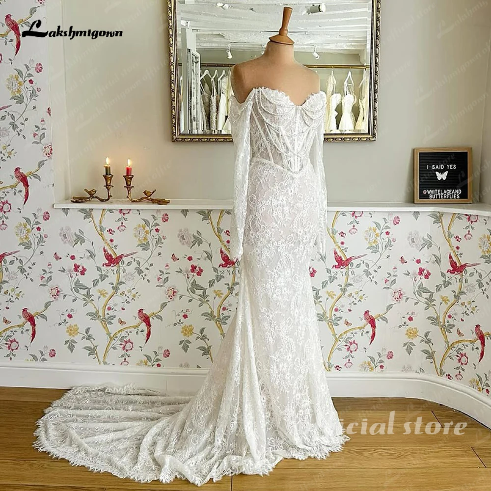

Lakshmigown Lace Mermaid Wedding Dress Sexy Off Shoulder Long Sleeve Bridal PartryGown Backless Princess Bride Gown Customized
