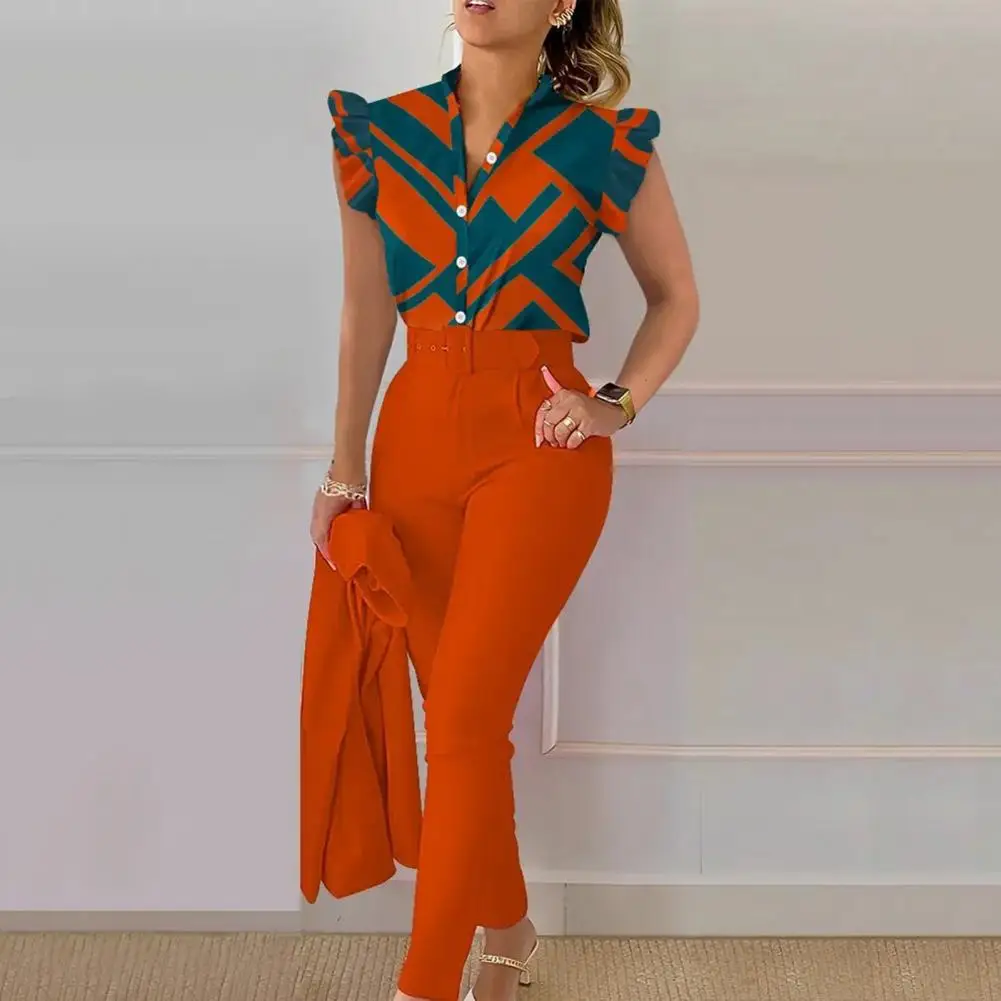 Women Shirt Trousers Set Elegant Women\'s Office Wear Set with V Neck Top High Waist Pants Belt Chic Color Matching Slim for Work